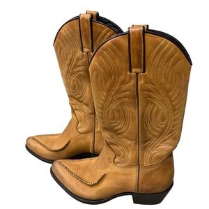 Tony Mora Coastal Spain Handmade Beige Exotic Leather Mid Calf Cowboy Boots, 7.5